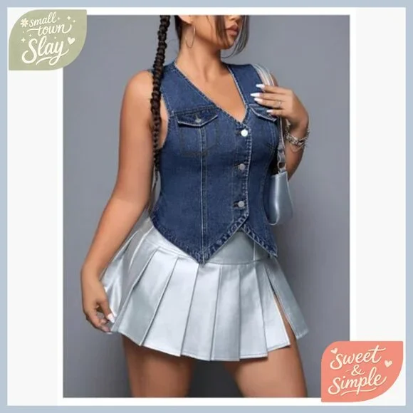 Plus Size Denim Vest Sleeveless V Neck Button Down Casual Wear